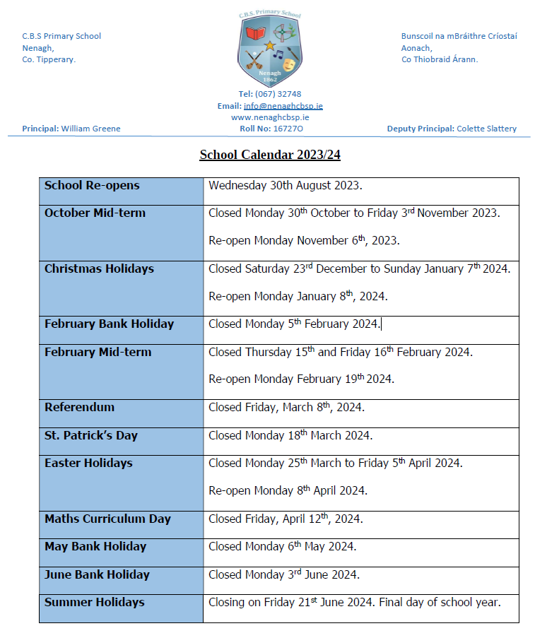 School Calendar – C.B.S Primary School Nenagh
